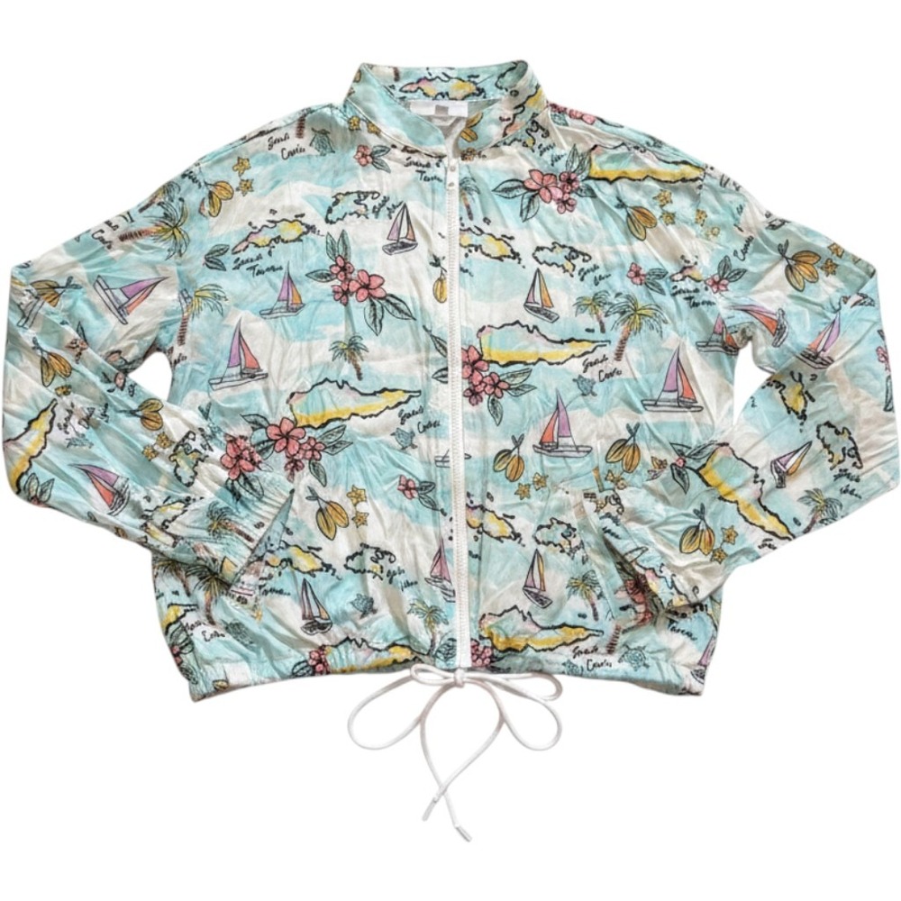 Tribe Kelley USA Womens Tropical Island Map Rayon Zip Up Jacket Blue Medium M